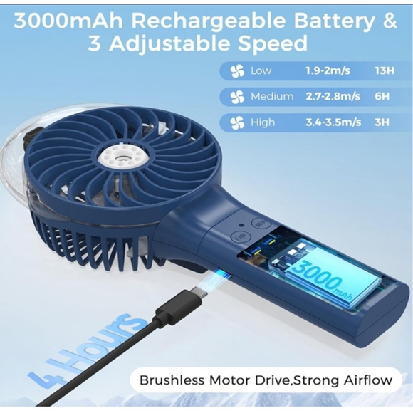 Portable Handheld Misting Fan, 3000mAh Rechargeable Battery Operated. - Picture 3 of 9